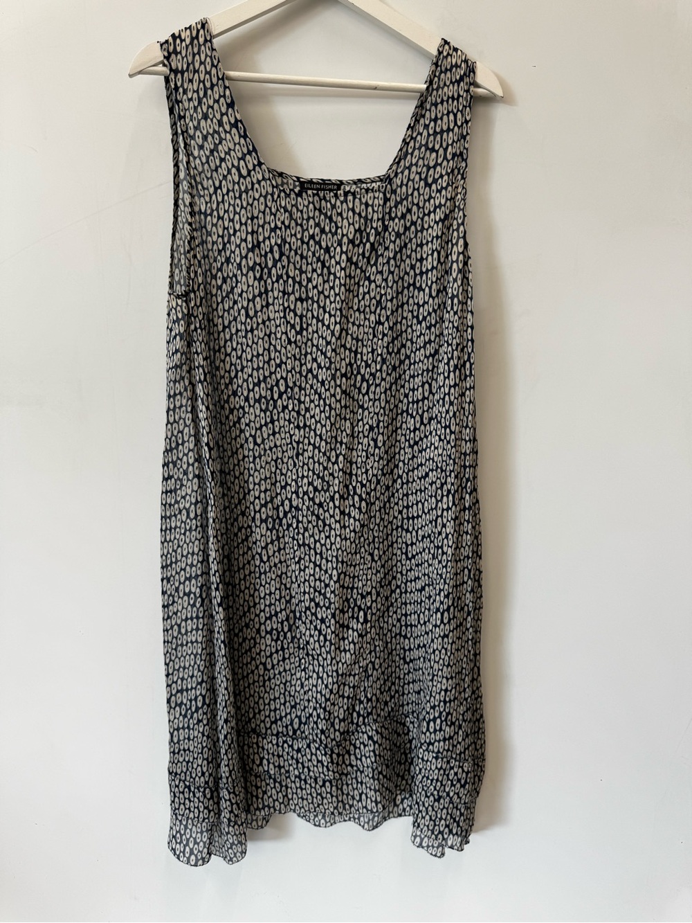 Eileen Fisher Blue/Cream Printed Crinkle Silk Dress Size Large